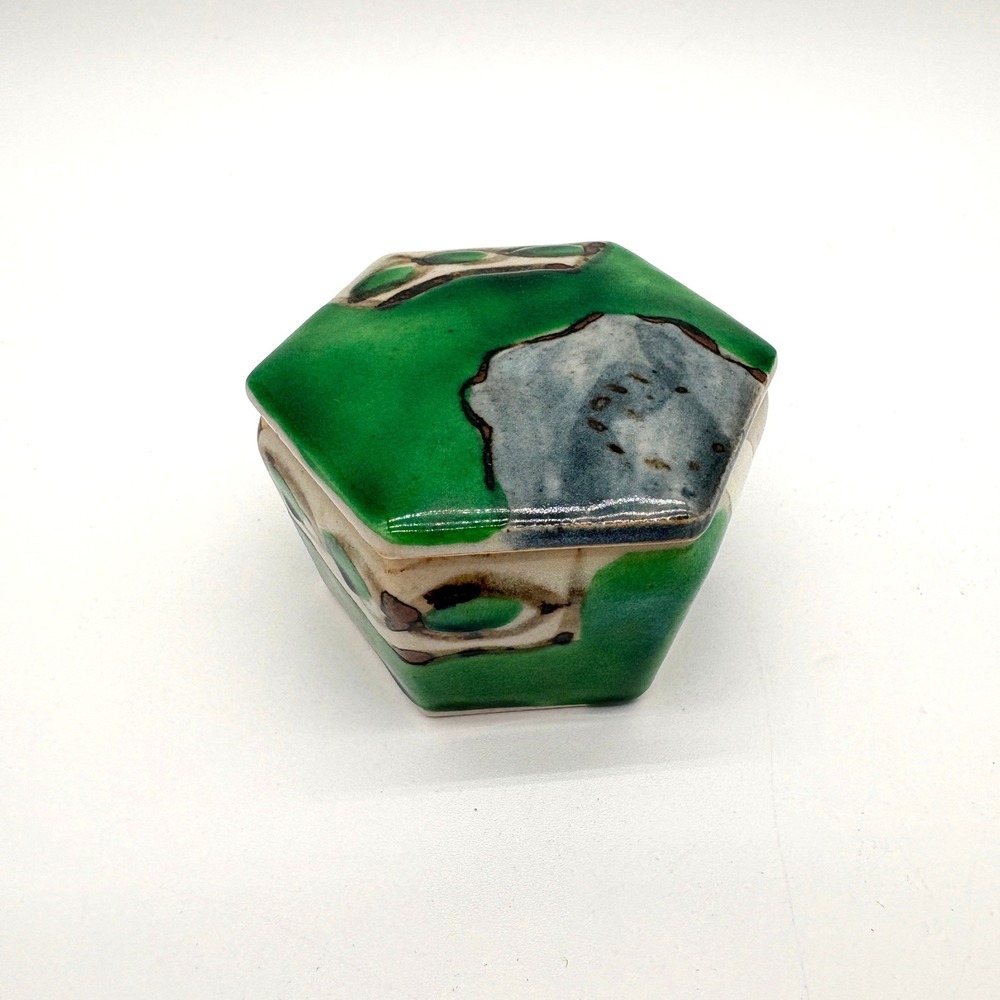 Abstract Green Hexagon Studio Pottery Trinket Box Artisan Ceramic Lidded Dish